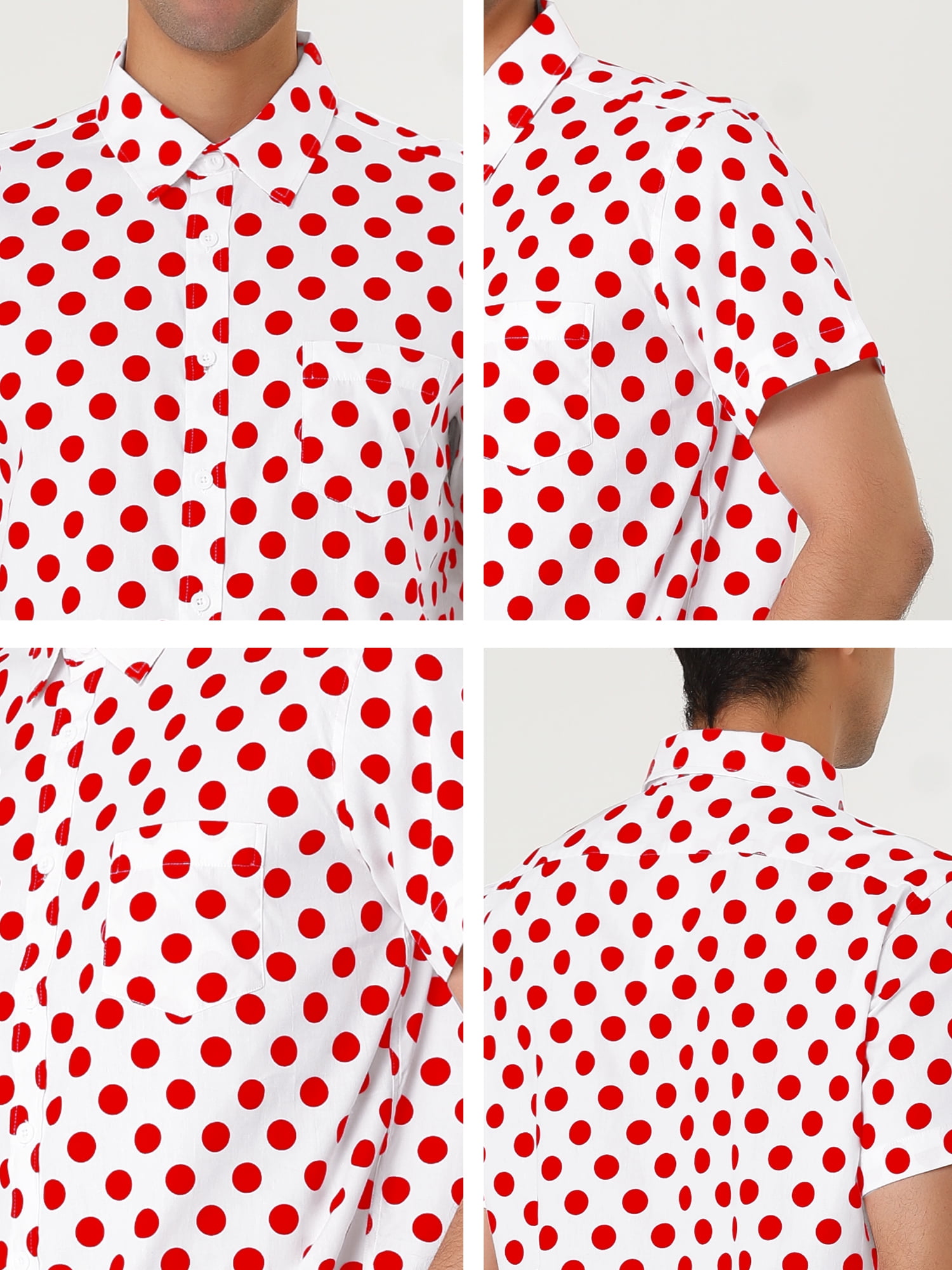 Unique Bargains Men's Button Down Short Sleeves Cotton Polka Dots Shirt M (US 38) Red White