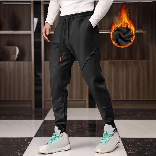 Pantalones deportivos de invierno para hombre, de longitud completa, lisos, con cordón ajustable, de forro polar grueso, para correr al aire libre, cálidos, de poliéster