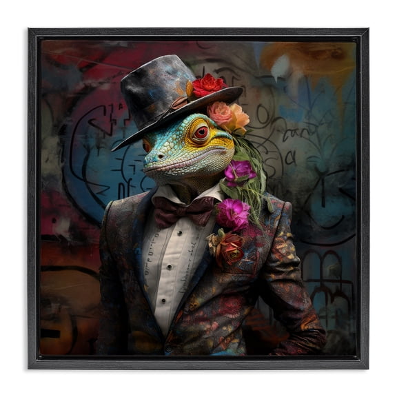 Stupell Industries Urban Graffiti Lizard Animals & Insects Painting Black Floater Framed Canvas Art Print Wall Art, 18 x 18
