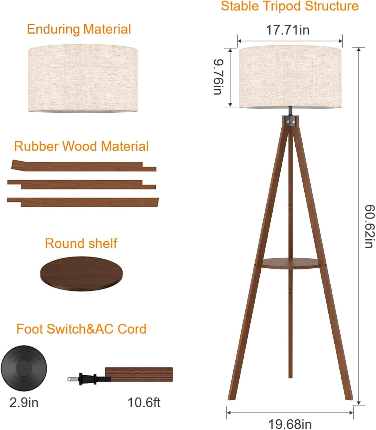 LEPOWER Tripod Floor Lamp, Mid Century Wood Standing Lamp, Modern Design Shelf Floor Lamp for Living Room, Bedroom, Office, Flaxen Lamp Shade with E26 Lamp Base Brown