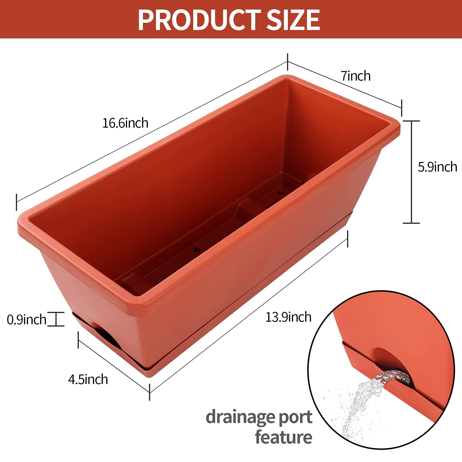 Window Box Planter Brick Red L 16.6 x W 7 x H 5.9 inches for Indoor Outdoor Gardening