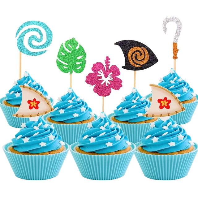 Set de 30 adornos para cupcakes con purpurina de Moana: decoración hawaiana de cumpleaños para luau, bodas, baby showers y fiestas tropicales.
