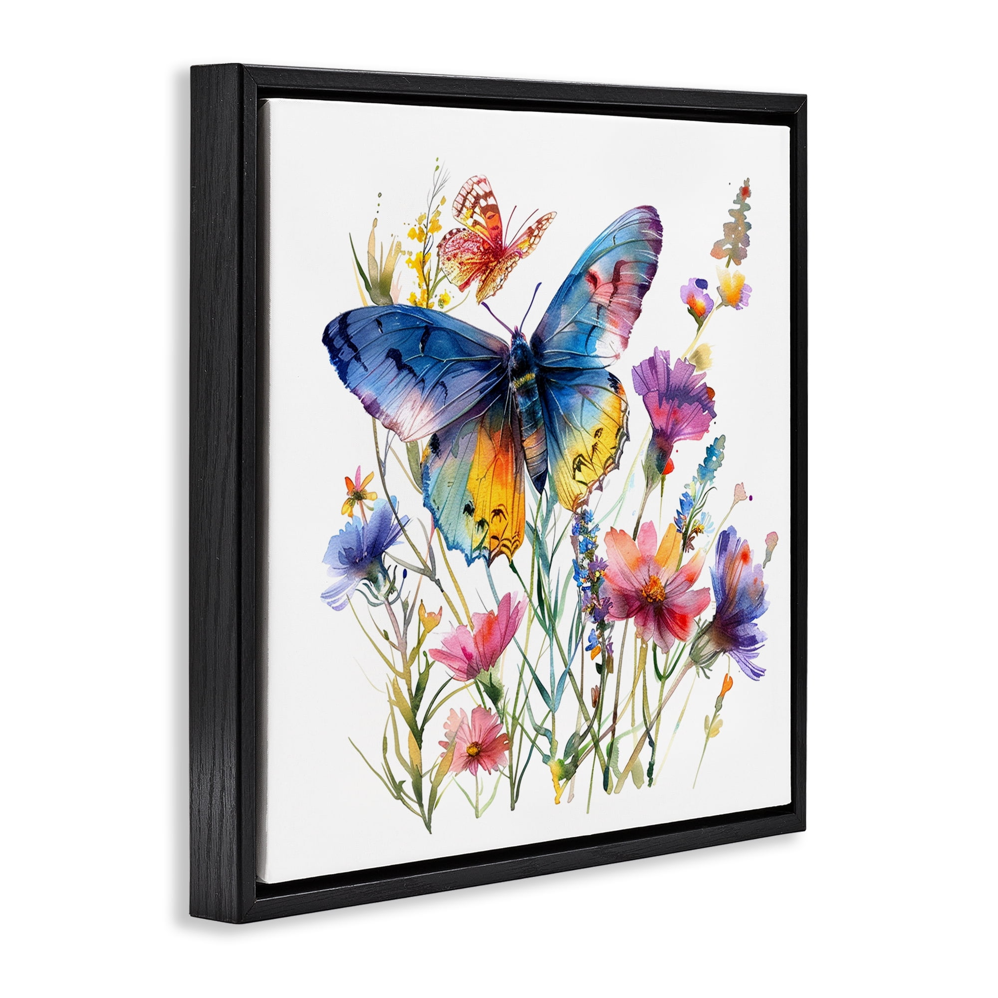 Stupell Industries Blue Toned Butterfly Garden Insects Painting Black Floater Framed Canvas Art Print Wall Art, 25 x 25