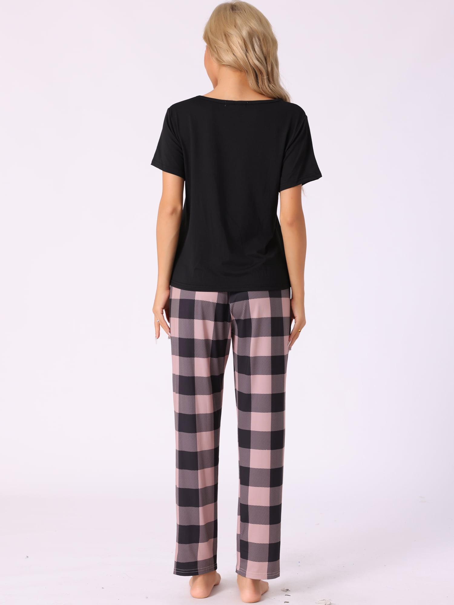 DARING DIVA Women's Plaid Short Sleeve Tops with Pants Pajama Sets S Pink
