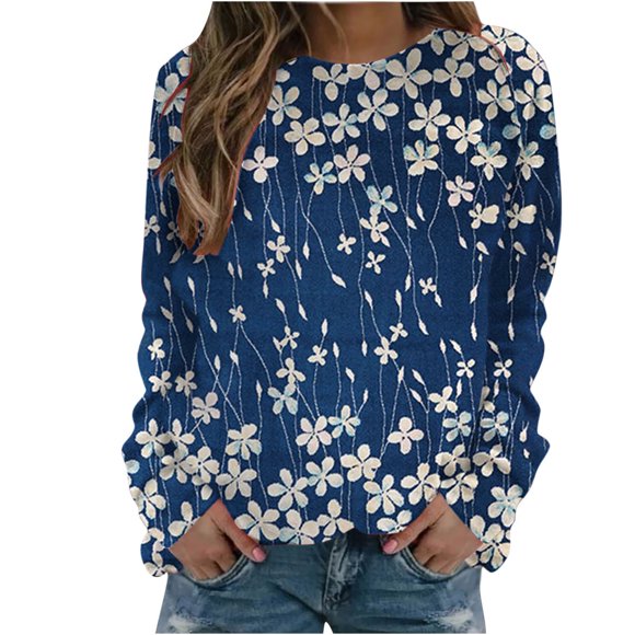RKSTN Long Sleeve Shirts for Women Fashion Floral Printed Casual Long Sleeve Round Neck Tops Loose Fit Sweatshirt Blouse