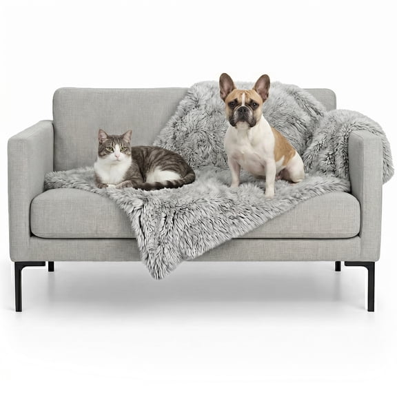 FurHaven Waterproof Throw Blanket for Dogs & Indoor Cats, Washable - Shaggy Plush Calming Long Faux Fur & Velvet Dog Blanket - Mist Gray, Medium