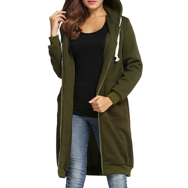 Tomshoo New Fashion Women Hoodie Long Hooded Sweatshirts Coat Casual Pockets Zipper Solid Outerwear Jacket