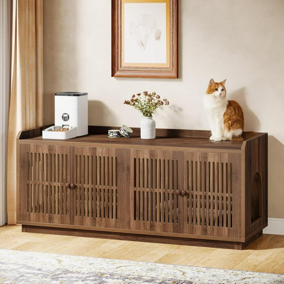 Cat Litter Box Enclosure, 55.1-Inch Extra Large Hidden Litter Box Furniture with 2 Cabinets