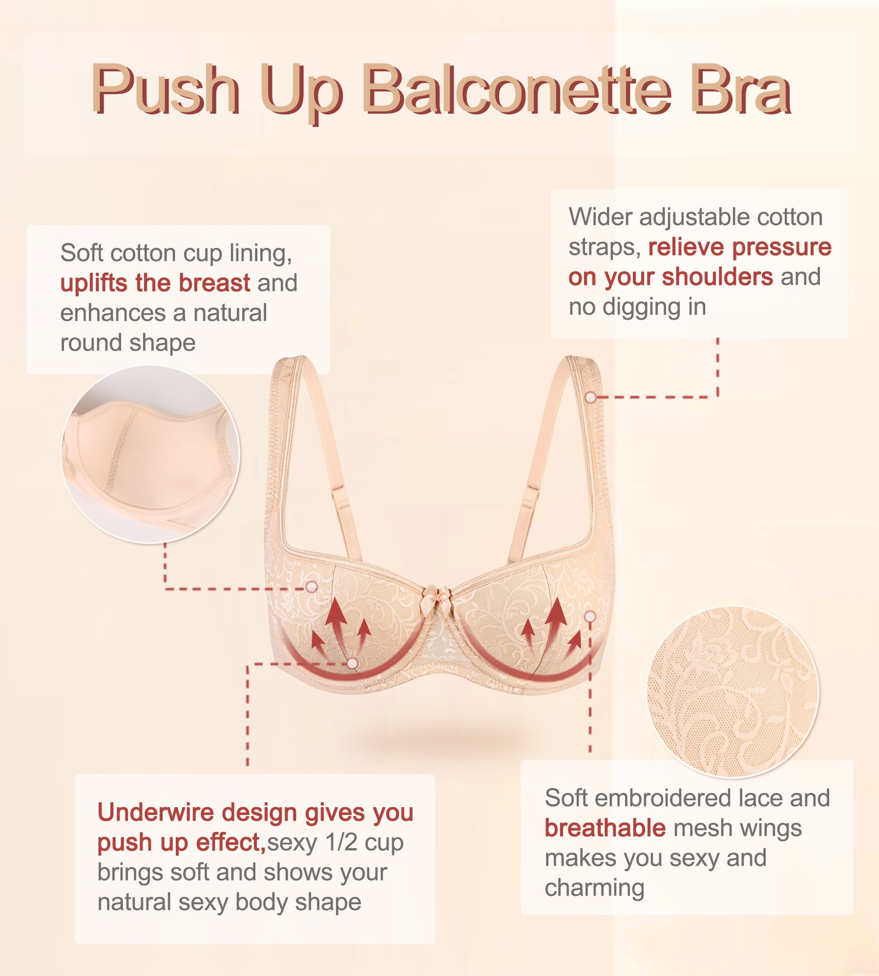 Exerin Women's Balconette Bra Demi Half Cup Underwire Lightly Padded(40B,Beige)