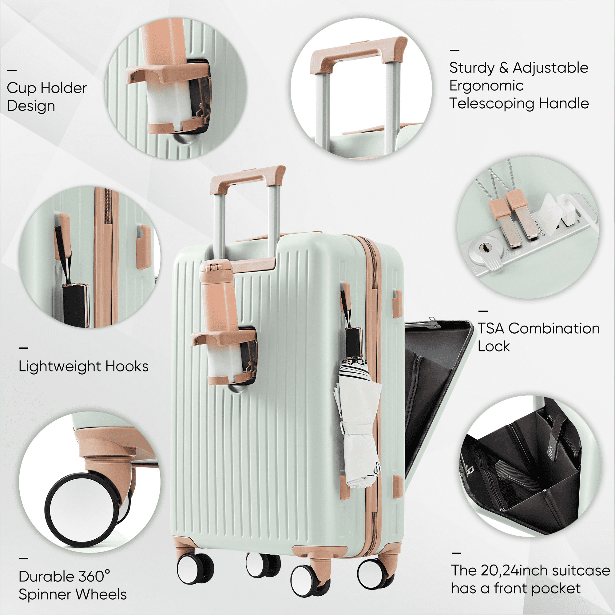 Euroco 3 Piece Luggage Sets Front Opening, ABS Hardshell Suitcase with USB Port,TSA Lock and Spinner Wheels,Lightweight Carry&nbsp;on&nbsp;Luggage&nbsp;with Cup Holder(20"/24"/28"),Grey Green