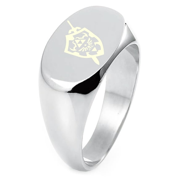 Tioneer Sterling Silver Legend of Zelda Shield & Sword Engraved Oval Flat Top Polished Ring