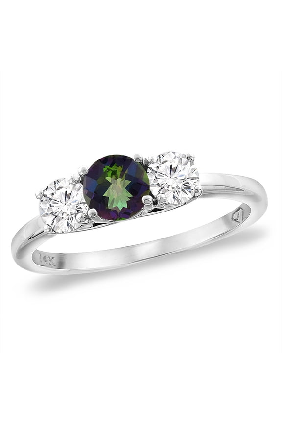 14K White Gold Diamond Natural Mystic Topaz Engagement Ring 5mm Round, size 7