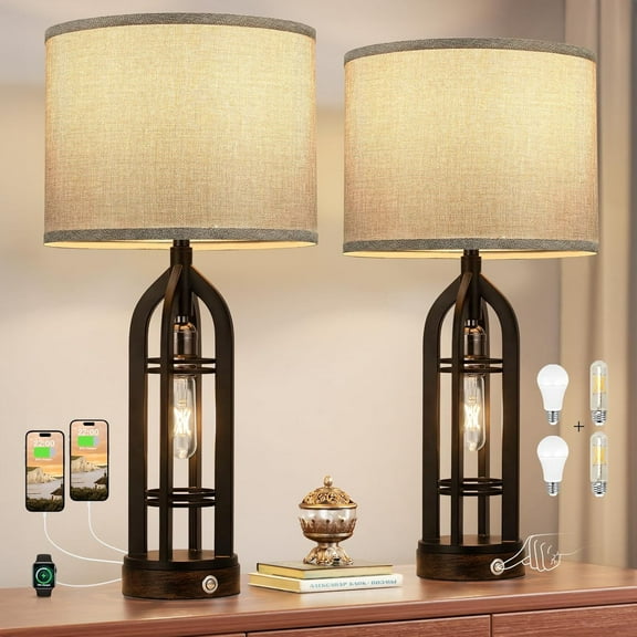Table Lamp for Living Room Set of 2 - Bedside Lamp for Bedroom with USB C A & Outlet, Farmhouse Lamps for Night Stands, 3-Way Dimmable Touch Lamps for Living Room with Grey Shade