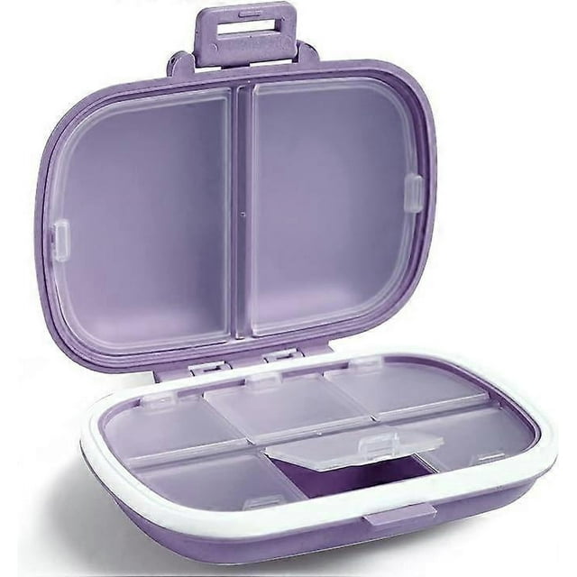 Pastillero de viaje, pastillero portátil de 8 compartimentos, pastillero diario para guardar pastillas, bolso de bolsillo, organizador de medicamentos, morado, 11 x 8 x 3 cm