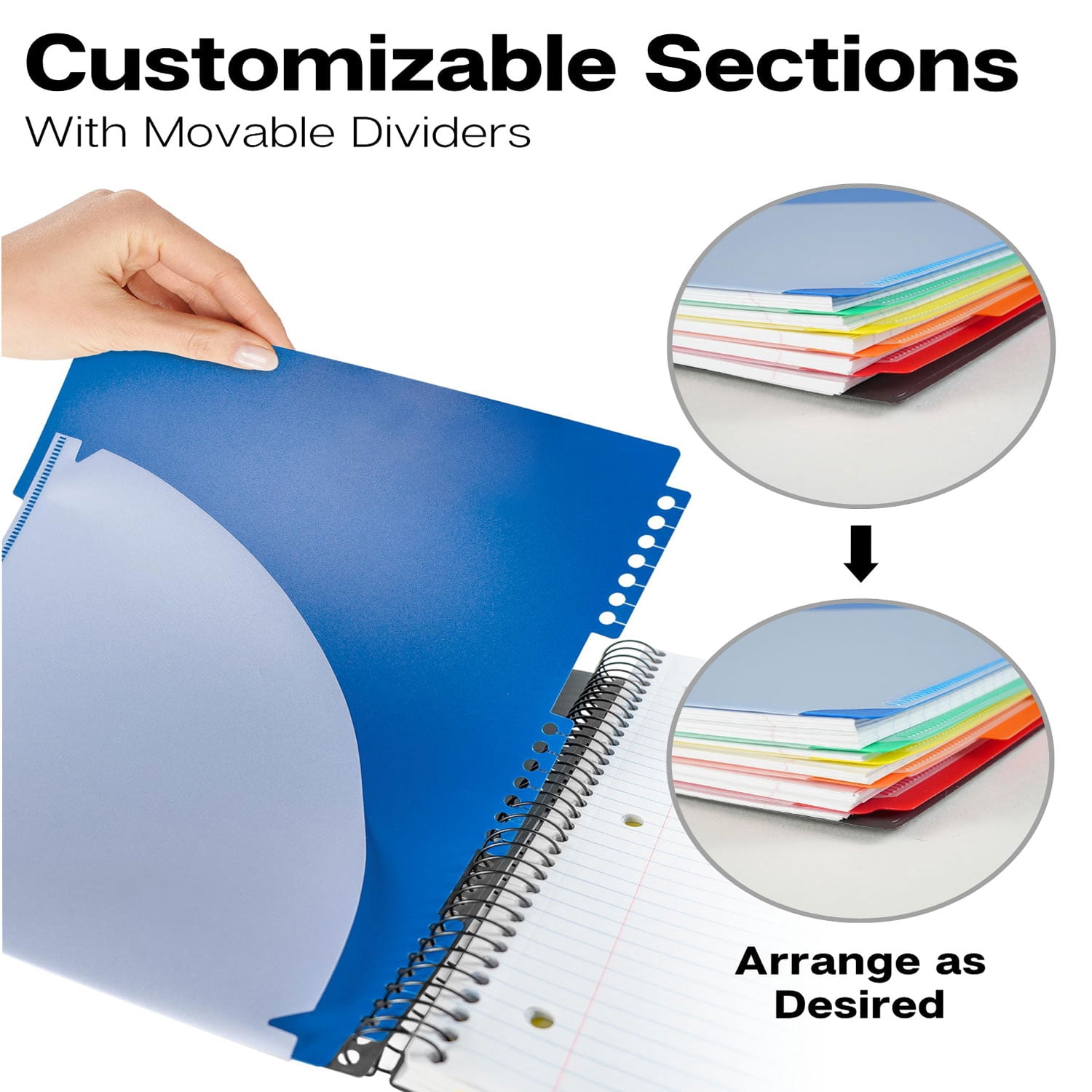 2Pcs 5 Subject Notebook College Ruled Spiral Notebook Journal with Removable Dividers Tabs 300 Pages 8.5"x11" 5 Pocket Colored Dividers, 3-Hole Punched Paper for Work Women Black