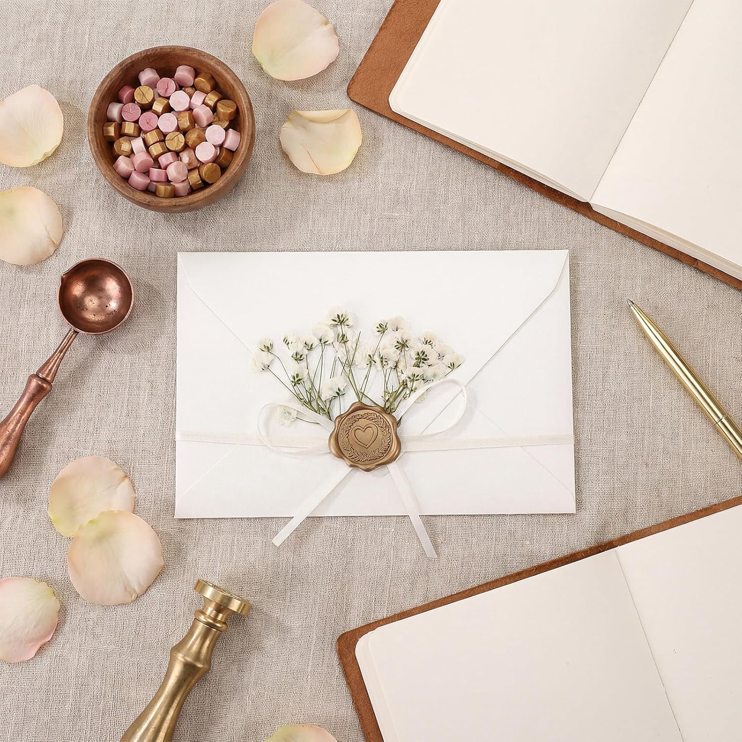 50 Sets Wedding Invitations Wraps Set Include Envelope for 5 x 7 Inch Invitations Self Adhesive Gold Wax Seal Sticker Dried Flowers for DIY Photos Cards Dining Table(Elegant,Beige)