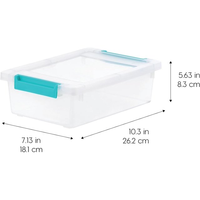 2 Qt. Craft Storage Bins with Lids, 6-Pack, |Made in USA|, Clip Box, Small Plastic Sensory Bin Tote Organizer Containers for Art Supplies, Paper, & Office, Stackable - Clear/Seafoam Blue