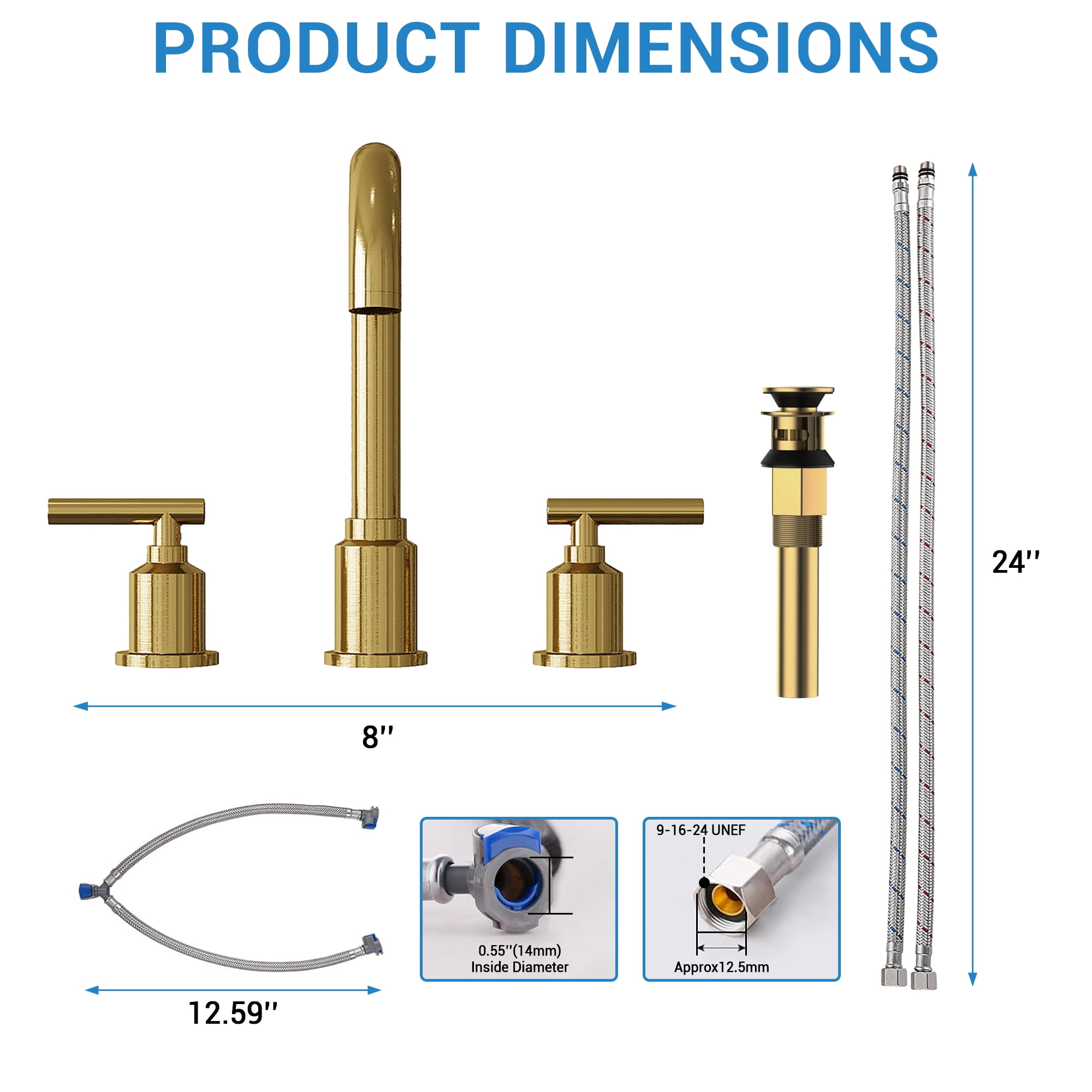 8" Widespread Bathroom Faucet - Brushed Nickel, Includes Pop-up Drain, gold