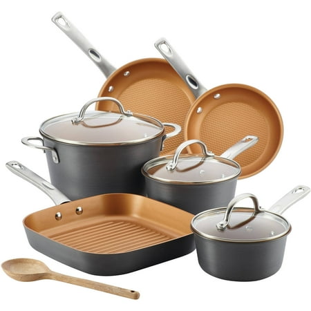 - Ayesha Curry Hard Anodized Aluminum 10-Pc Cookware Set, Gray Copper