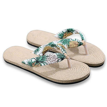 

Women Shoes Summer Floral Flip Flops Beach Sandals Thongs Slippers Sandals Imitation Hemp Rope Travel Flip-flops Flat-bottom