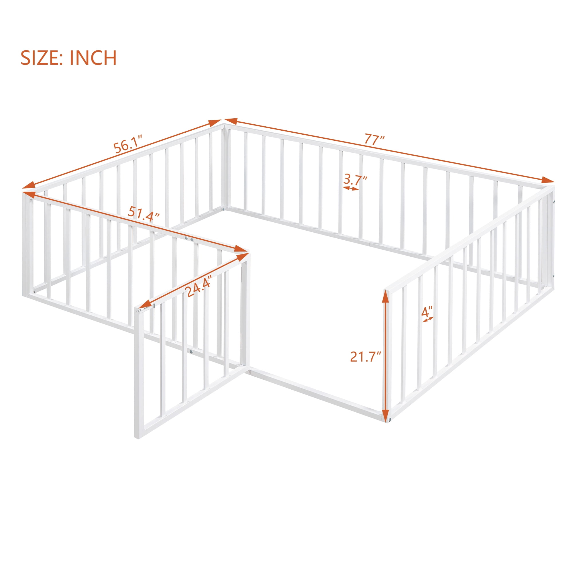 Full Size Floor Bed with Fence and Door, Low Profile Metal Montessori Bed Frame with Slats Supports,Easy Assembly, No Box Spring Needed,White