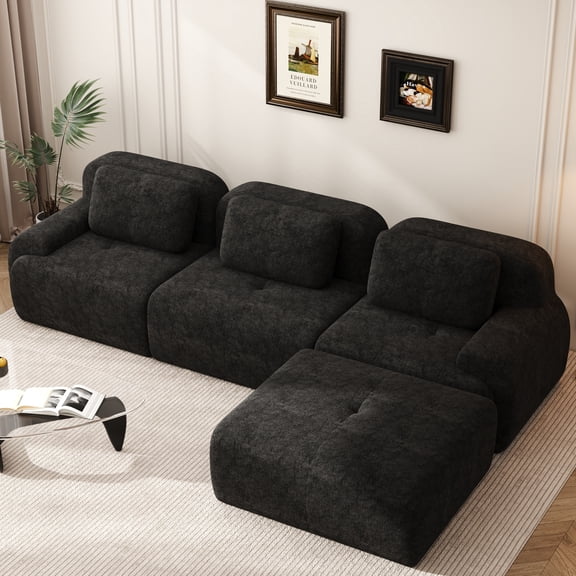 IDEALSOUL Sectional Sofa, 118" L-Shaped Modular Cloud Couch, Unique Chenille Fabric Couches and Sofas, Compression Sofa No Assembly Required(Black)