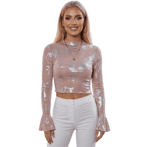 Blusas Brillantes Manga Larga, Diseño Exclusivo y Toque Glam para Mujer