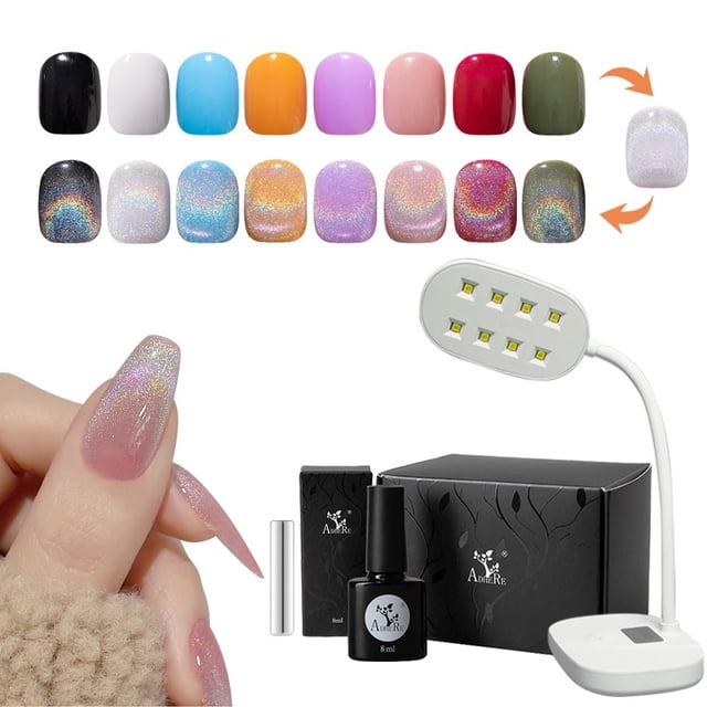 Universal Rainbow Cat Eye Gel Nail Polish Glitter 9D Holographic Laser Diamond Glitter Reflective Gel Nail Polish Magnetic Gel Polish with Magnetic Stick Table Nail Lamp
