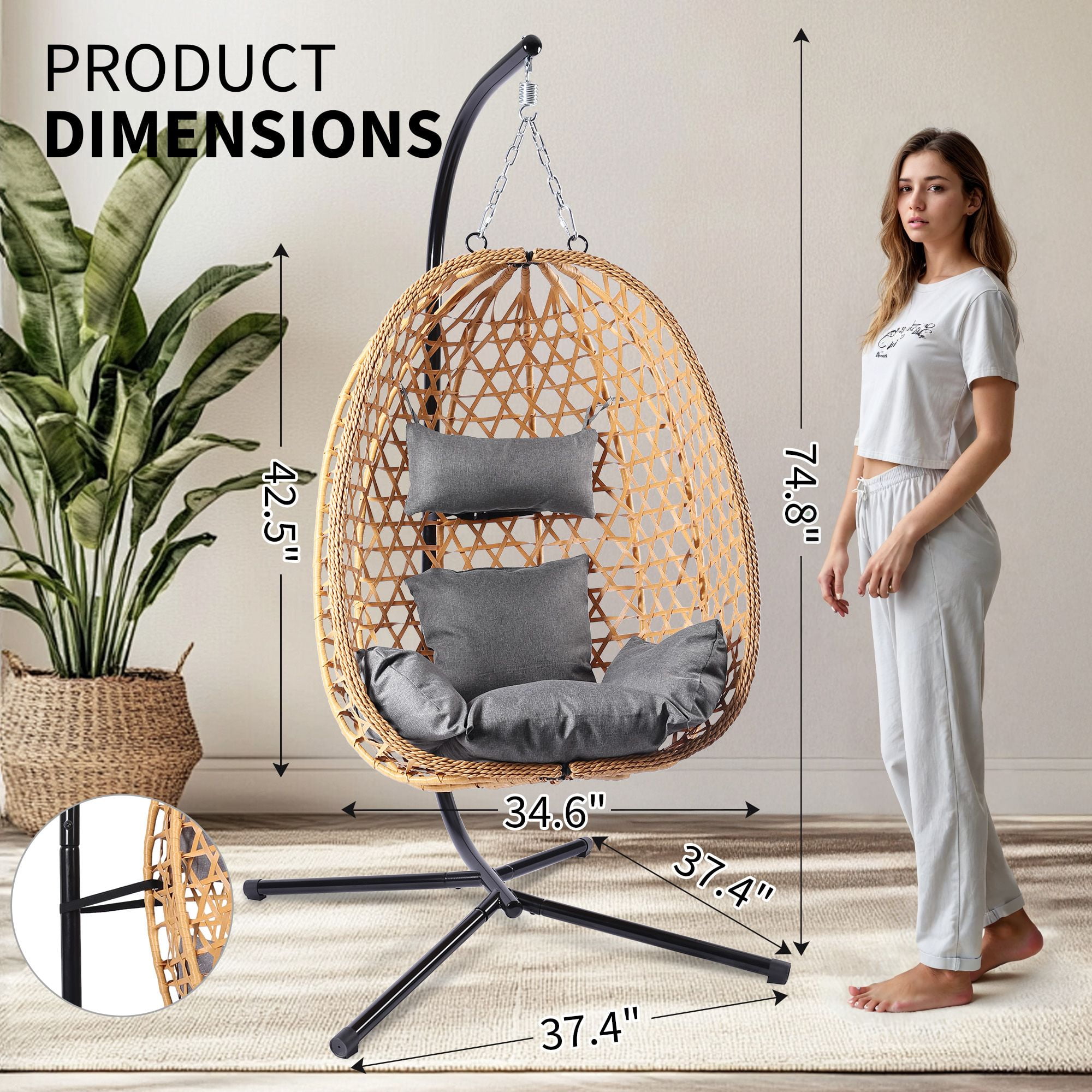 Egg Chair with Stand, Patio Wicker LHBcraft Hanging Chair, Hammock Swing Chair, 350LBS Capacity for Bedroom, Balcony, Garden
