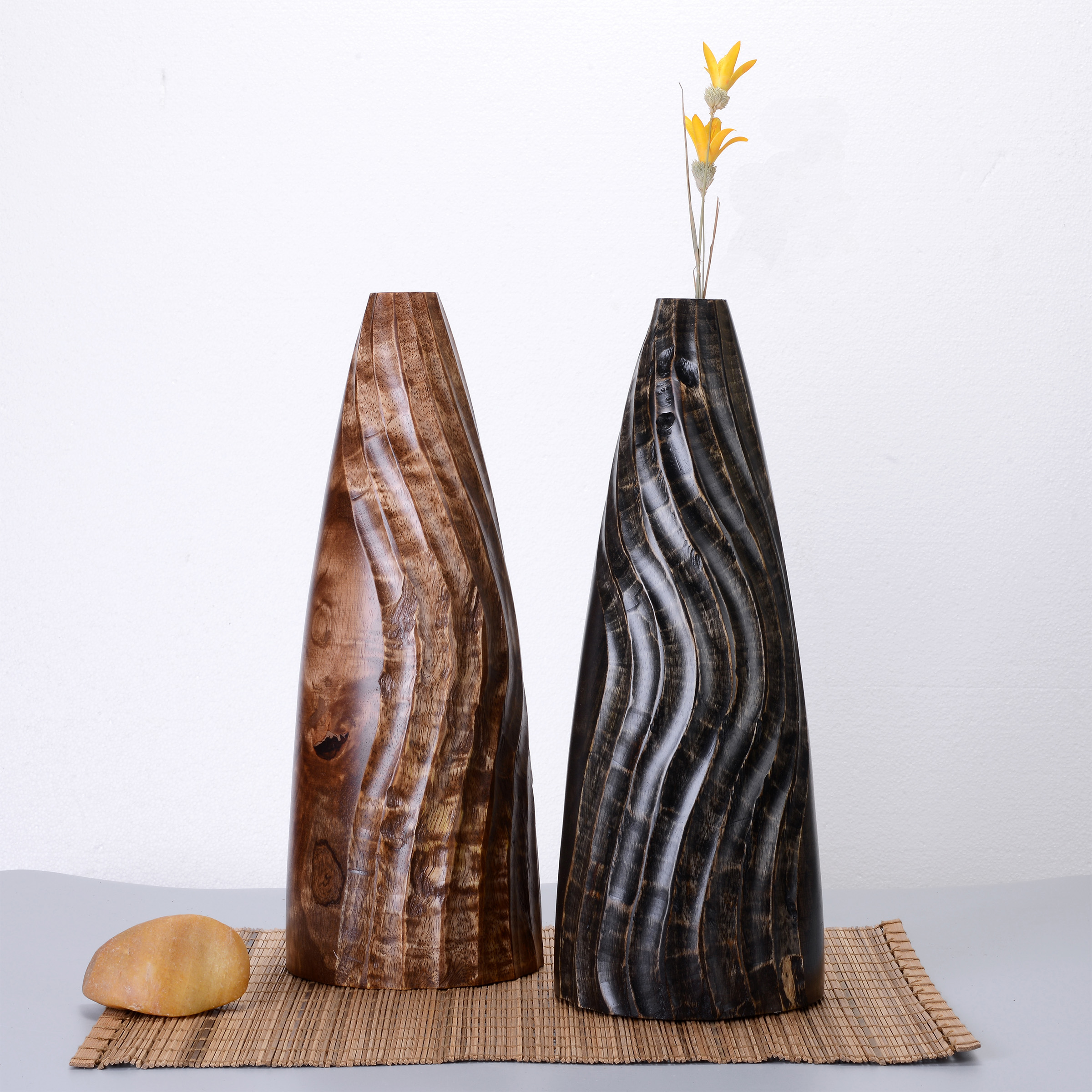 Villacera Handmade 15? Tall Brown Tapered Mango Wood Vase | Decorative Wave Carved Cylinder Vases | Eco-Friendly and Sustainable Wood