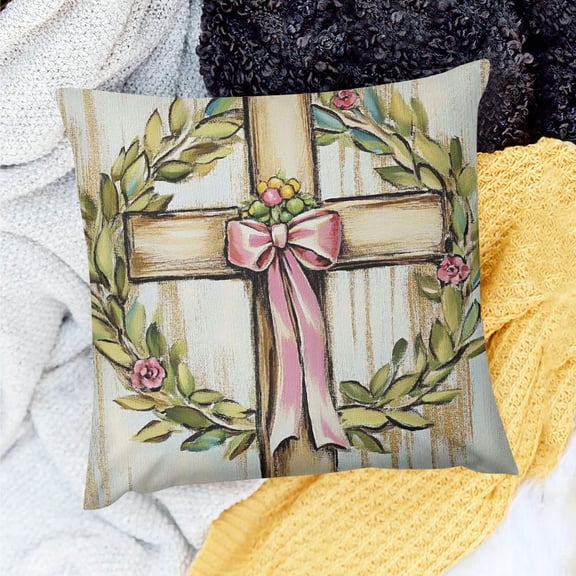 PRATYUS Easter Decorative Throw Pillow Covers, Religious Cross Porch Outdoor Home Decor, Spring He is Risen Blessing Olive Wreath Couch Cushion Case 18x18in