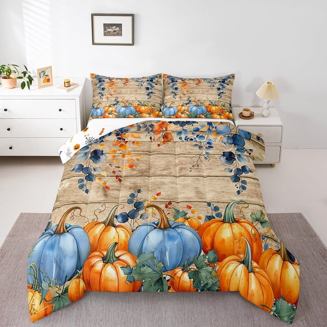 YST Ensemble de Douillette Citrouille d'Automne Format Grand Lit, Ensembles de Literie de l'Action de Grâce et de la Récolte pour Enfants, Ados et Adultes, Décor de Chambre, Ensemble de Literie Feuille d'Érable d'Automne, Courtepointe Rustique de Style Ferme Campagnarde