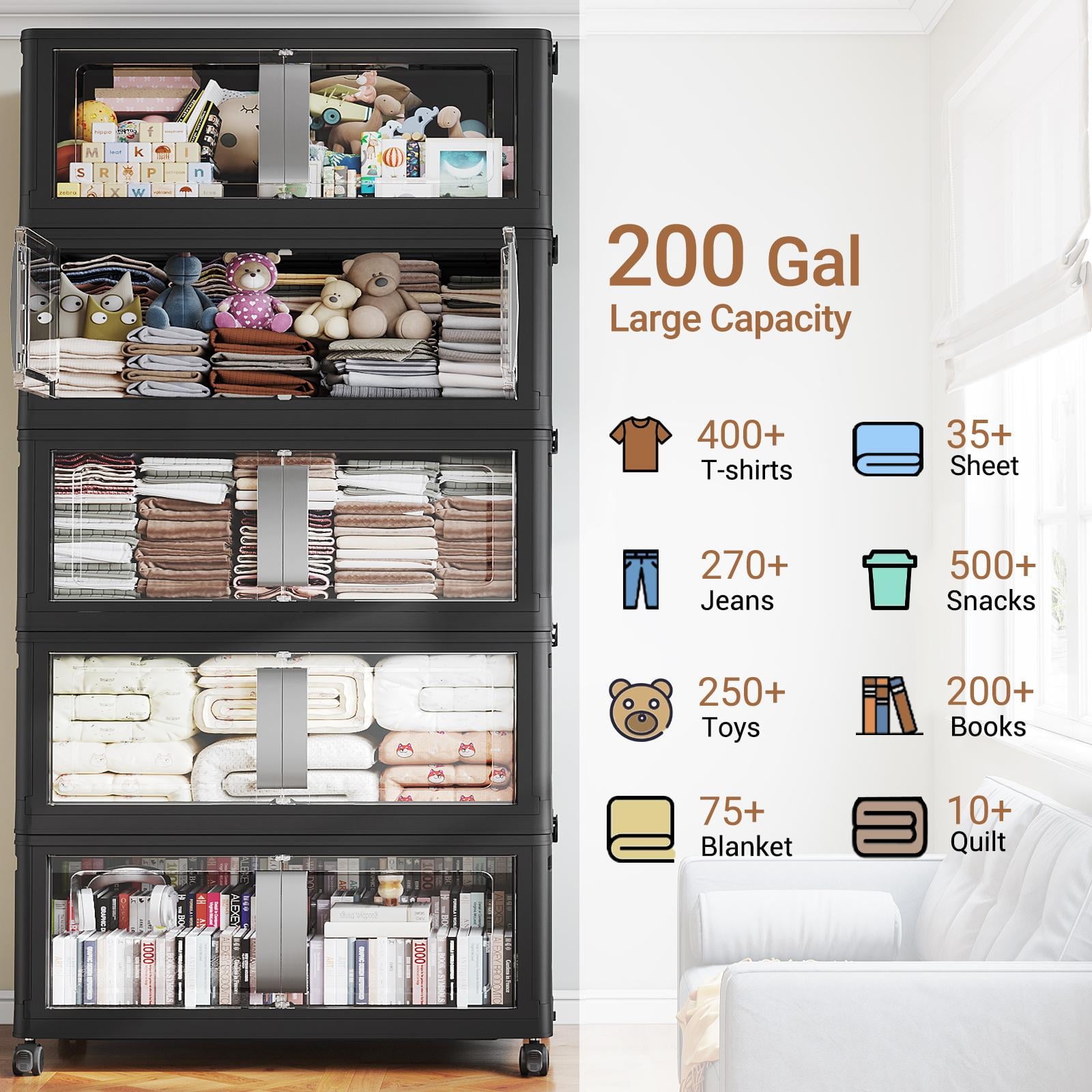Broview 800Qt Large Stackable Storage Bins with Lids, Plastic Closet Organizers Storage Drawer with Wheels Doors, Toy Clothes Storage Box, Black V70