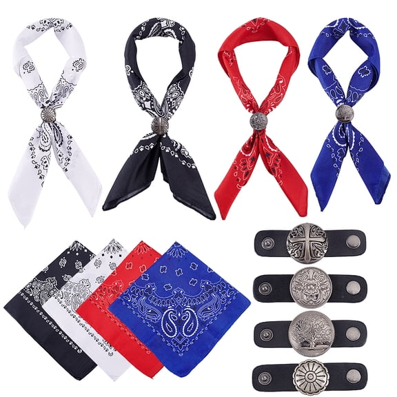4 Sets 21.9x 22 Inches Western Style Bandana Scarf Set with Silver Floral Buckle 4 Colors Paisley Bandanas Square Headwear Western Neck Scarf