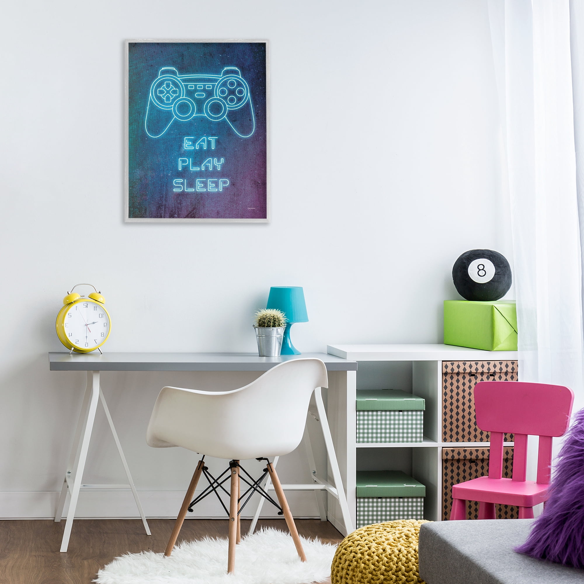 Stupell Industries Eat Play Sleep Neon Typography Painting Gray Framed Art Print Wall Art, 24 x 30