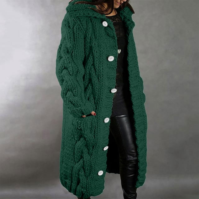 cllios Women Hooded Open Front Cardigan Cable Knit Sweaters Solid Color Button Down Chunky Long Sweater Coats with Pocket