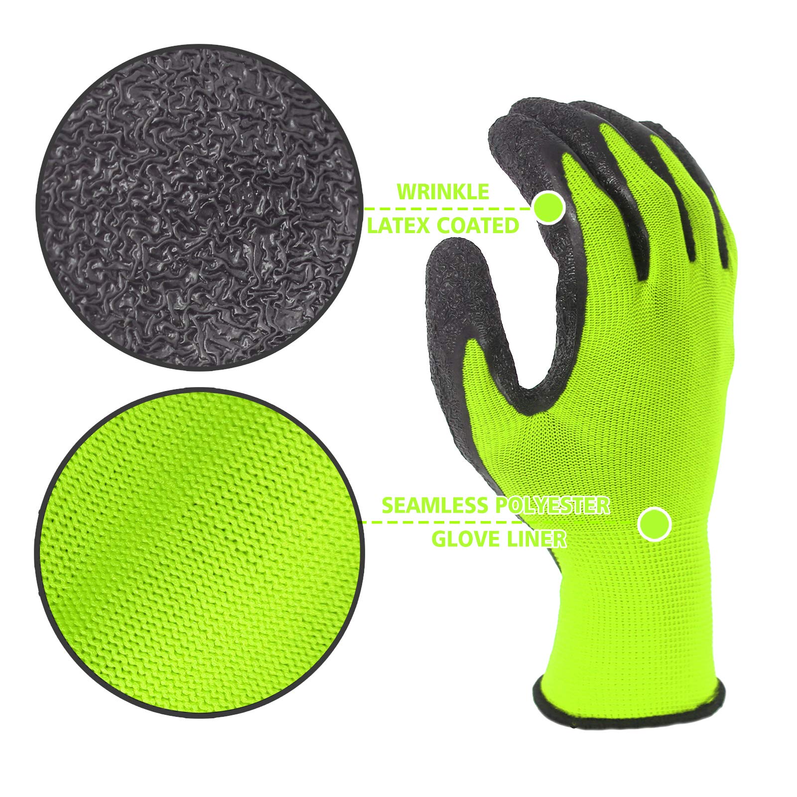 EvridWear 12-Pair Latex-Coated Safety Work Gloves, Green, Large photo 4