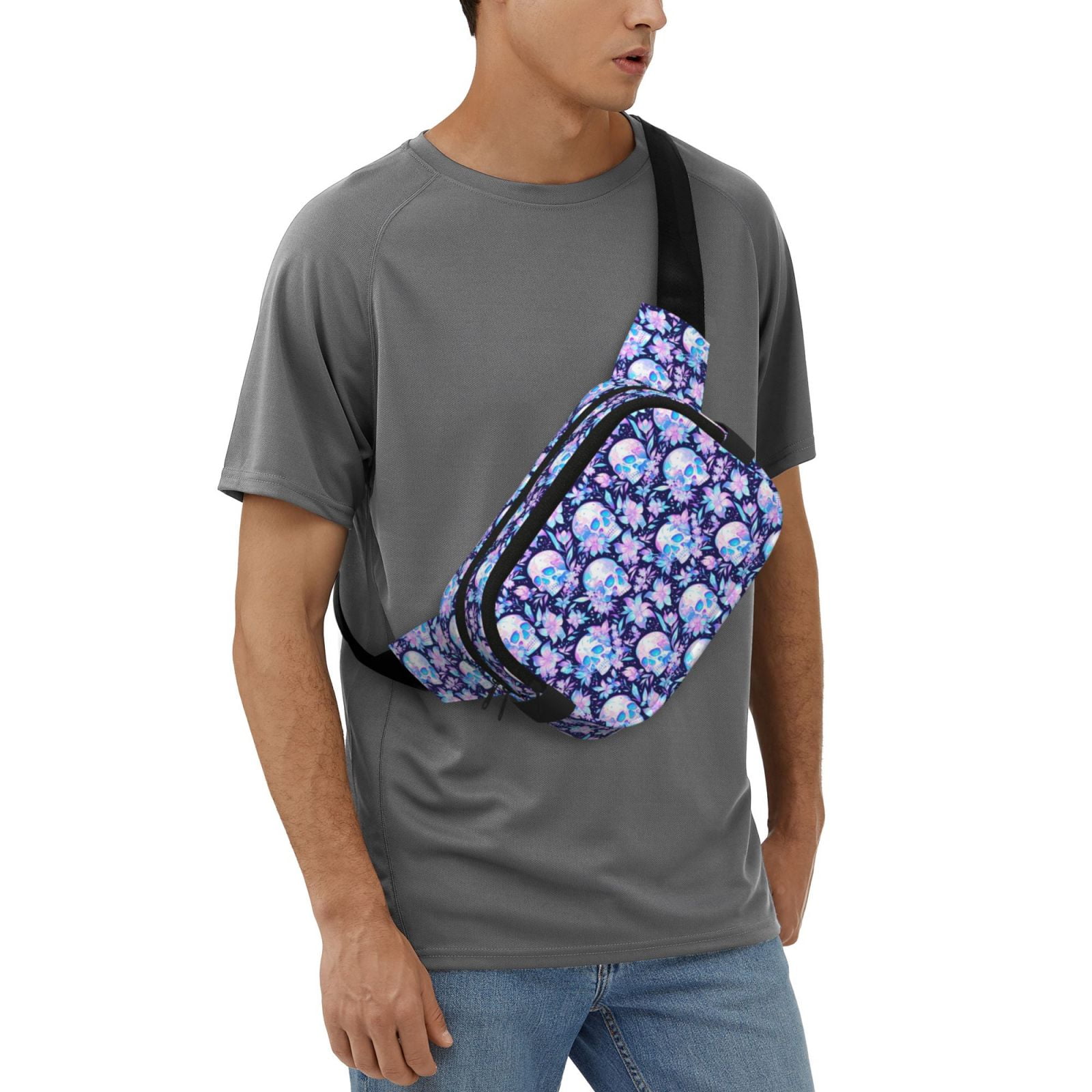 Picia crystal Skull flower leaf Print Square Double-Layer Waist Bag Mini Adjustable Waist Belt Bag Exercise Running Travel Hiking
