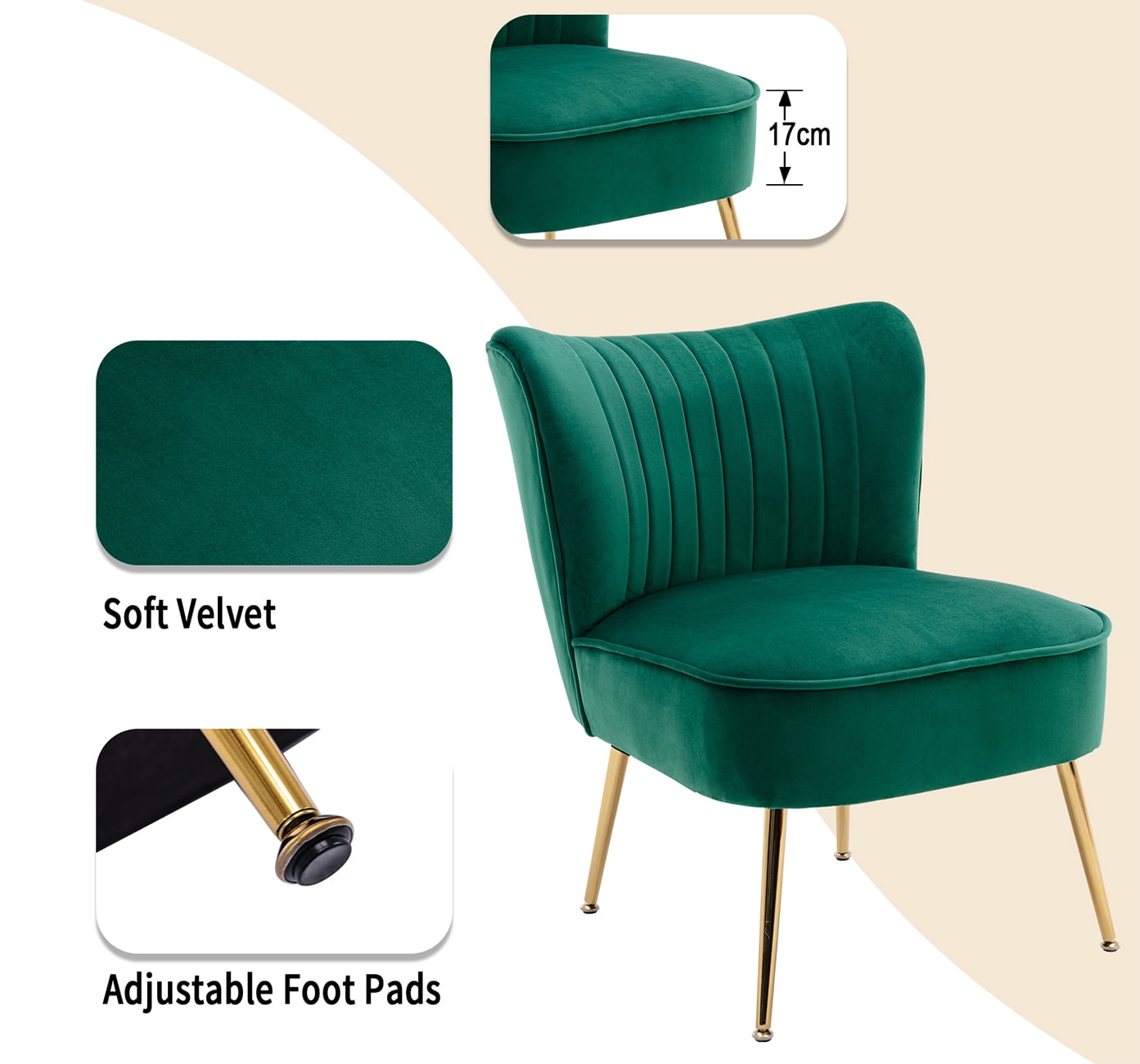 Guyou Modern Accent Chair Set of 2, Armless Slipper Chair Velvet Upholstered Lounge Chair, Wingback Large Single Sofa Side Chair with Gold Legs for Living Room Bedroom, Green