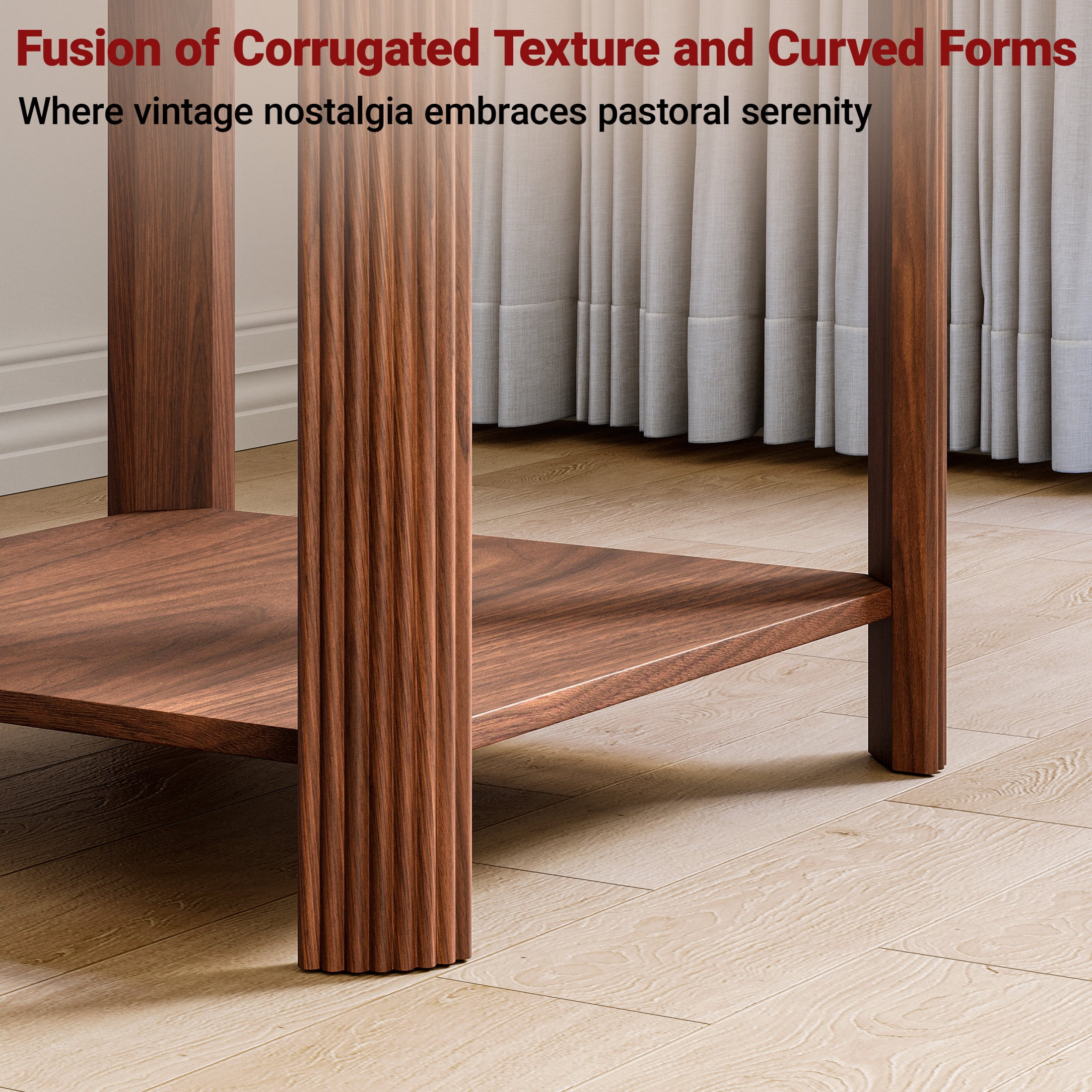 Noble House 22.1-Inch Boho End Table with 2-Tier Open Shelf, Rounded Corners, Vertical Wave Grain Legs, Walnut