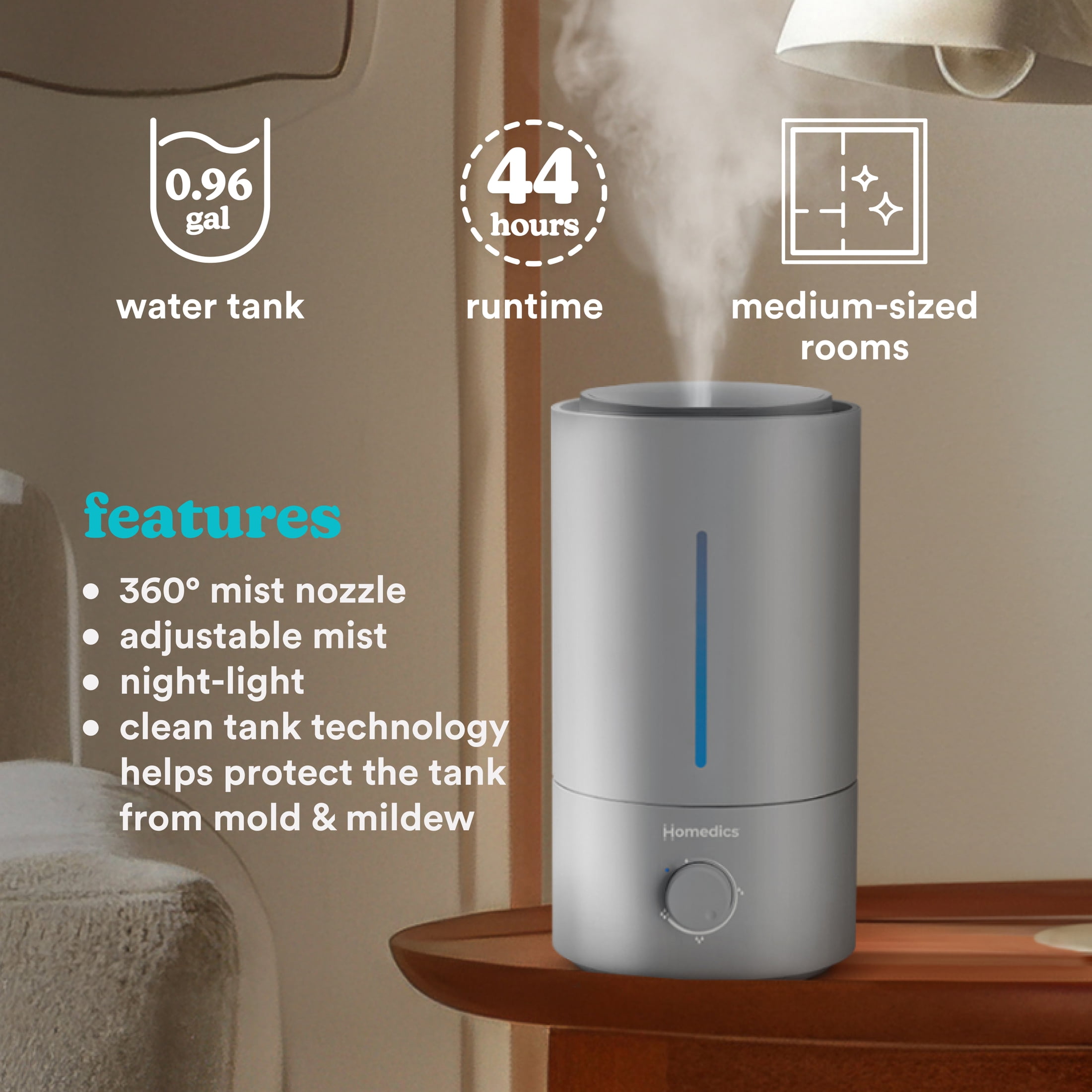Homedics Ultrasonic Humidifier, Cool Mist, Easy Top Fill with up to 44 Hour Run Time, .96 Gallon, Gray