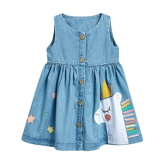 WIBACKER Toddler Girl's A Line Casual Unicorn Applique Denim Sleeveless Dress 3T