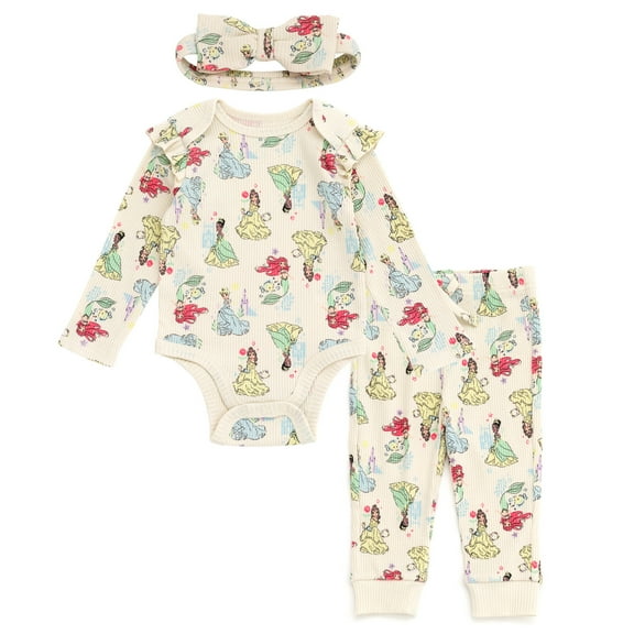 Disney Princess Belle Tiana Cinderella Ribbed Bodysuit, Jogger Pants and Headband 3 Piece Outfit Set Newborn to Infant