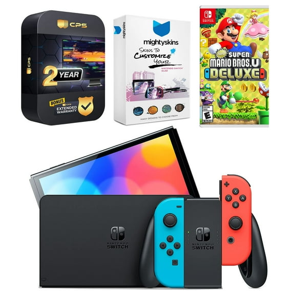 Nintendo Switch Neon Red & Blue OLED Console with New Super Mario Bros. U Deluxe, MightySkins Console and Controller Skin Voucher, and 2 Year CPS Extended Warranty