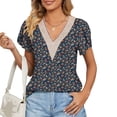 thumbnail image 1 of Blusa estampada de encaje de guipur Blusa de guipur de manga corta con pétalos y escote en V para mujer Citas Estampado floral morado XXL, 1 of 6
