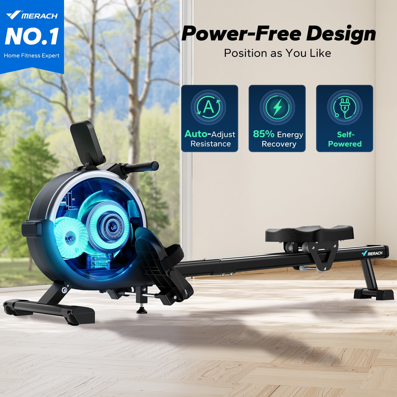 MERACH Self-Powered Rowing Machine, Magnetic Rower for Home Use, 16 Levels of Quiet Resistance, Dual Slide Rail, App Compatible, 350lb Weight Capacity