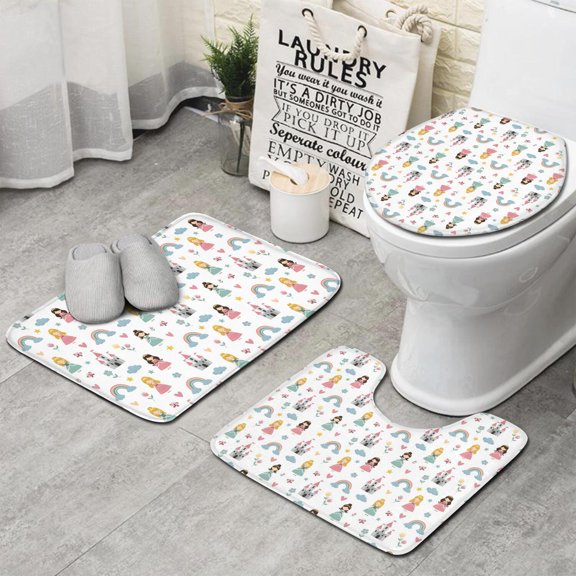 Rainbow Princess Castle Pattern Bathroom Rugs Sets 3 Piece,Toilet Cover Set,Absorbent Non Slip Bathroom Mats Sets with U-Shaped Contour Rug Toilet Rug Set