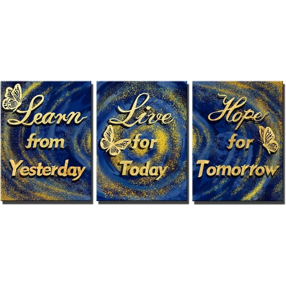3 Piece Blue and Gold Canvas Decor Motivational Quotes Wall Art Life Inspirational Positive Sign Saying Poster Painting Artwork Framed for Home Living Room Bedroom Decorations Framed