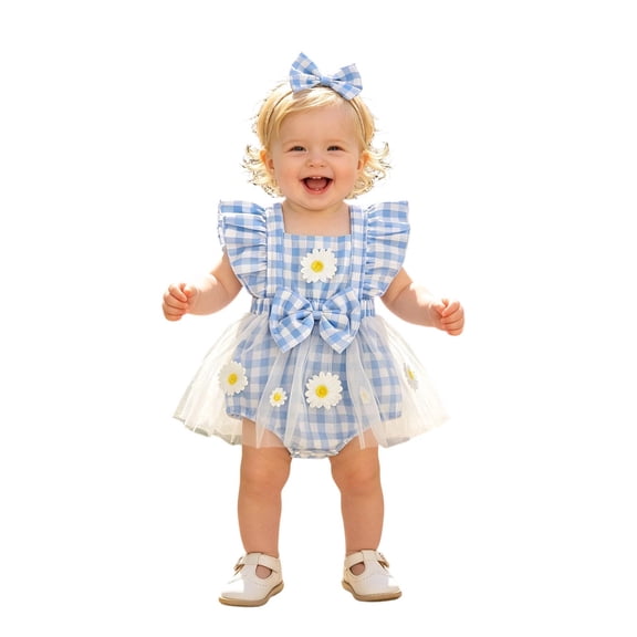 RMGVDSD Baby Girl Clothes Infant Girls Ruffle Sleeveless Floral Romper Plaid Dress Bodysuits Dresses Headband Set Cute Summer Outfit 6-12 Months