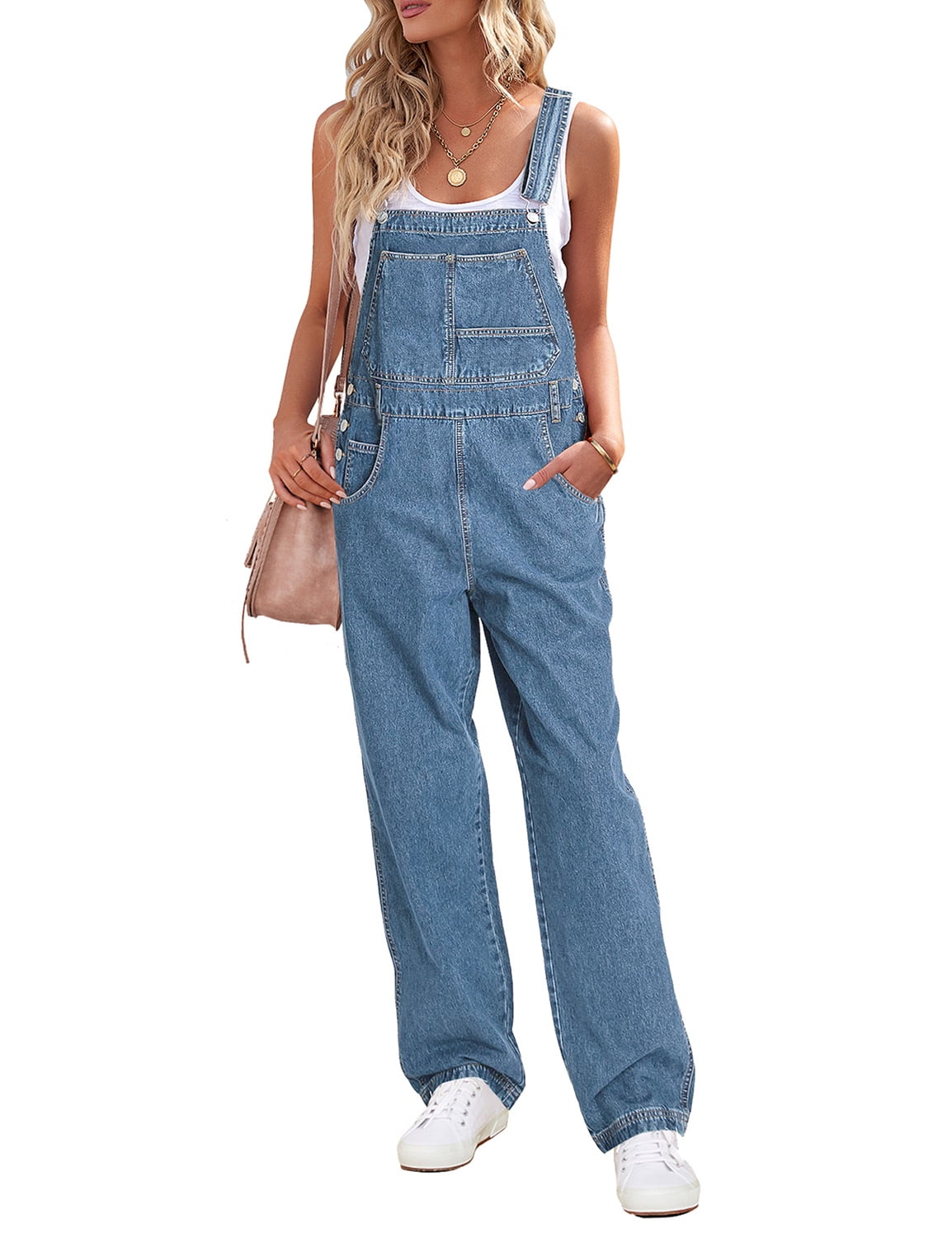 Vetinee Ladies High Waisted Denim Bib Overalls Loose Straight Jeans ...